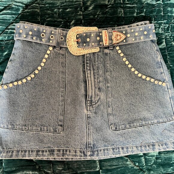 Show Me Your MuMu - Shania Skirt ~ Indigo Rhinestone Denim M - Picture 2 of 4
